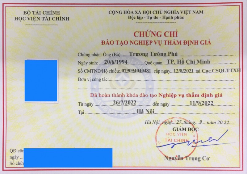 Cấp chứng chỉ thẩm định giá tại hà nội 0969868605 Cô Hằng