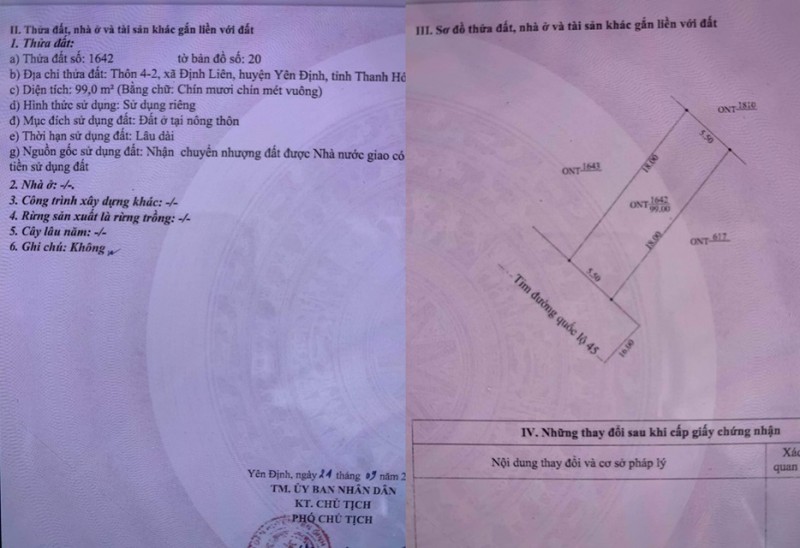 CHÍNH CHỦ CẦN BÁN 2 LÔ LIỀN KỀ MẶT ĐƯỜNG QL45 Ngay Cổng Công Ty May Định Liên, Yên Định, Thanh Hóa